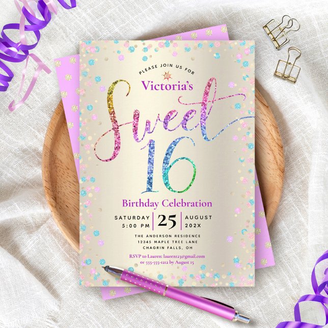 Sweet 16 Rainbow Glitter Confetti Gold Birthday Invitation (Creator Uploaded)