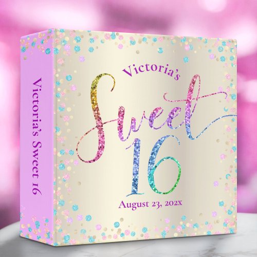 Sweet 16 Rainbow Glitter Confetti Gold Keepsake 3 Ring Binder