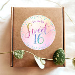Sweet 16 Rainbow Glitter Confetti Ombre Birthday Classic Round Sticker<br><div class="desc">“Happy Sweet 16”. Celebrate her birthday with this fun, stunning, simple, personalized round sticker. Rainbow glitter script typography, along with festive turquoise, purple pink and gold confetti, overlays a rainbow ombre foil metallic background. Personalize the custom text with your daughter’s name. Great for the budding fashionista who loves modern glitter...</div>