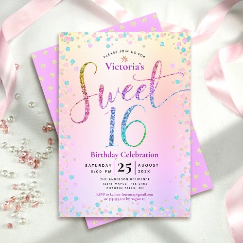 Sweet 16 Rainbow Glitter Confetti Ombre Birthday Invitation