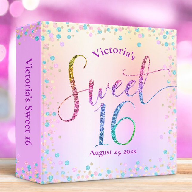 Sweet 16 Rainbow Glitter Confetti Ombre Keepsake 3 Ring Binder (Creator Uploaded)