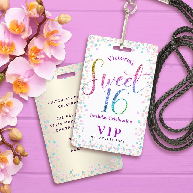 Sweet 16 Rainbow Glitter Dots Birthday VIP Pass Badge (Creator Uploaded)