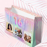 Sweet 16 rainbow glitter drips photo monogram 16th large gift bag<br><div class="desc">A gift bag for a girly and glamorous Sweet 16, 16th birthday. A rainbow, unicorn holographic background in pink, purple, rose gold and mint green with faux glitter drips, paint dripping look. Personalize and add 3 photos and a name. Number 16 is written with a balloon style font. Perfect as...</div>
