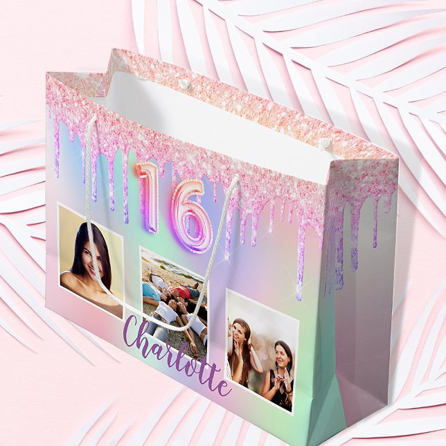 Sweet 16 rainbow glitter drips photo monogram 16th large gift bag (Creator Uploaded)