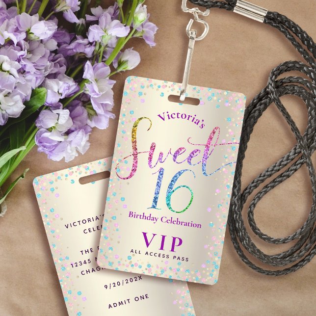 Sweet 16 Rainbow Glitter Gold Birthday VIP Pass Badge (Creator Uploaded)