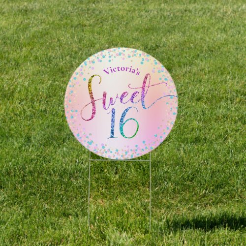Sweet 16 Rainbow Glitter Ombre Dots Birthday Yard Sign