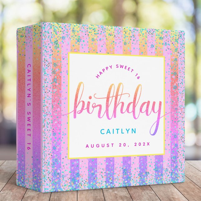 Sweet 16 rainbow ombre glitter & script keepsake 3 ring binder (Creator Uploaded)