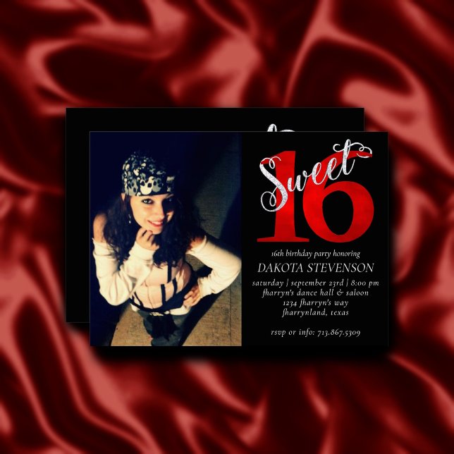 Sweet 16 | Red and Black 16th Birthday Photo Invitation (Creator Uploaded)