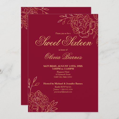 Sweet 16 Red and Gold Line Art Flowers Floral Invitation