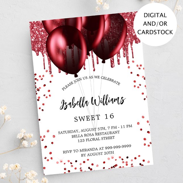 Sweet 16 red balloons white invitation (Creator Uploaded)