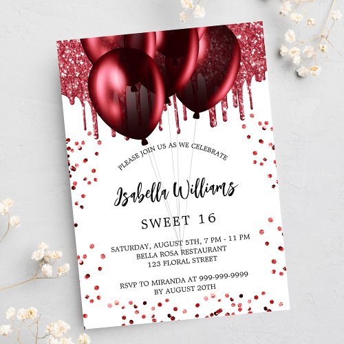 Sweet 16 red balloons white luxury invitation