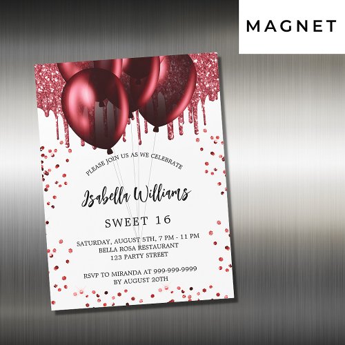 Sweet 16 red balloons white luxury magnetic invitation