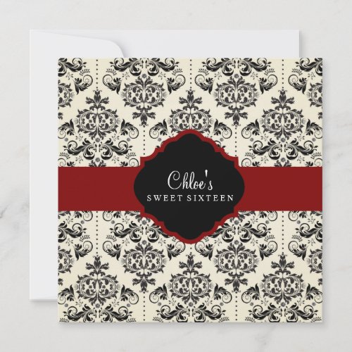 Sweet 16 | Red &amp; Black Damask Invitation