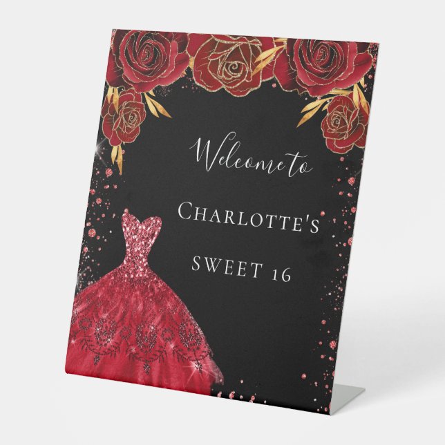Sweet 16 red black dress florals welcome pedestal sign (Front)