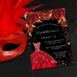 Sweet 16 red black glitter dress florals glamorous invitation<br><div class="desc">A modern,  stylish and glamorous invitation for a Sweet 16,  16th birthday party.  A black background with red faux glitter dust,  a dress and red roses,  florals.  The name is written with a modern hand lettered style script.  Personalize and add your party details.</div>