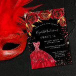 Sweet 16 red black sparkles dress florals invitation<br><div class="desc">A modern,  stylish and glamorous invitation for a Sweet 16,  16th birthday party.  A black background with red faux sparkles,  a dress and red roses,  florals.  The name is written with a modern hand lettered style script.  Personalize and add your party details.</div>