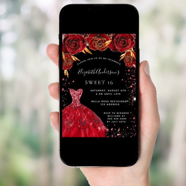 Sweet 16 red black sparkles dress florals invitation (Front Digital)