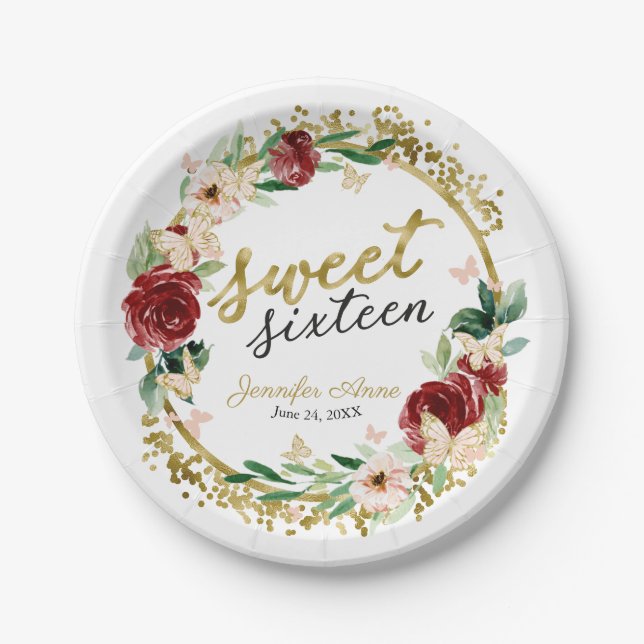 Sweet 16 Red Blush Floral Butterfly Paper Plates (Front)