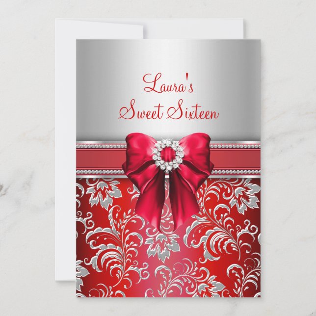 Sweet 16 Red Bow & Sparkle Diamond Announcements (Front)