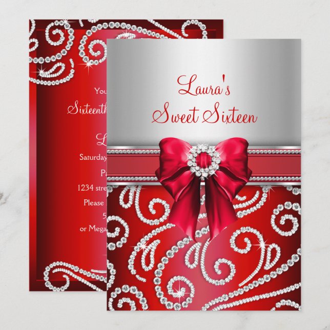 Sweet 16 Red Bow & Sparkle Diamond Announcements (Front/Back)