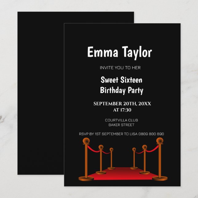 Sweet 16 Red Carpet Hollywood Confetti Birthday   Invitation (Front/Back)