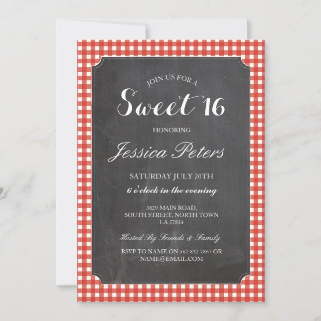 Sweet 16 Red Check Lights Rustic Chalk Invitation (Front)