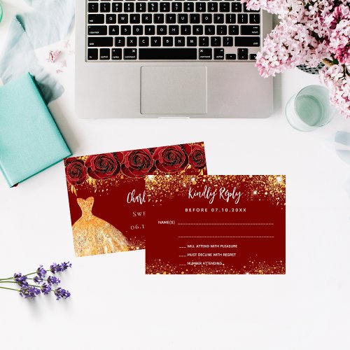 Sweet 16 red dress flowers gold RSVP card