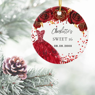 Sweet 16 red dress flowers white ceramic ornament