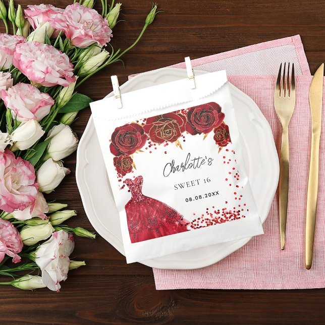 Sweet 16 red dress flowers white favor bag (Creator Uploaded)