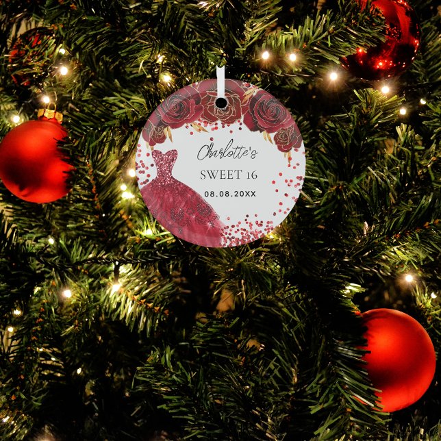 Sweet 16 red dress flowers white glass ornament (Creator Uploaded)