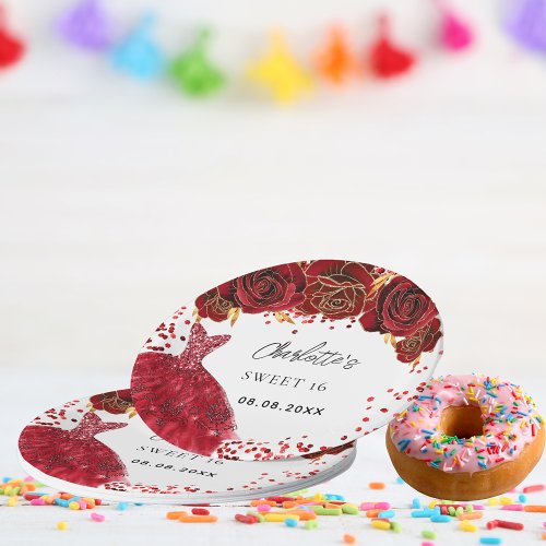 Sweet 16 red dress flowers white paper plates