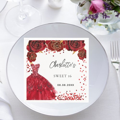 Sweet 16 red dress flowers white party napkins