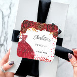 Sweet 16 red dress flowers white square sticker<br><div class="desc">For a Sweet 16,  16th birthday party.  A white background with red confetti,  a dress and red roses,  florals.  The name is written with a modern hand lettered style script.  Personalize and add your name and a date.</div>