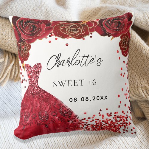 Sweet 16 red dress flowers white throw pillow