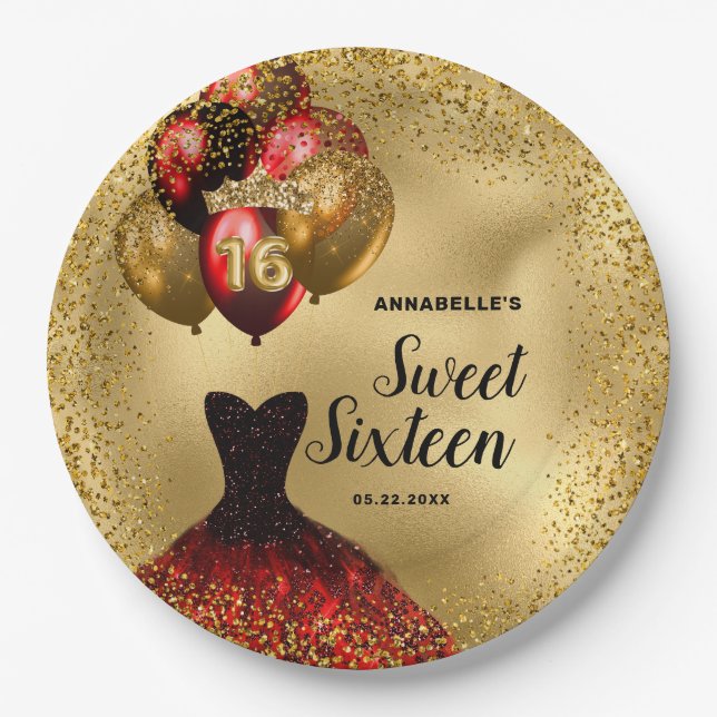 Sweet 16 Red Dress Gold Glitter 16th Birthday Paper Plates (Front)