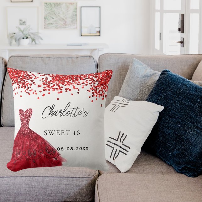 Sweet 16 red dress white name throw pillow (Creator Uploaded)