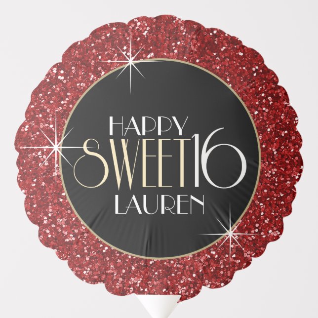 Sweet 16 Red Glitter Personalized Birthday Balloon (Front)