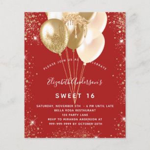Sweet 16 red gold balloons budget invitation flyer
