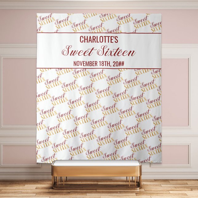 Sweet 16 Red Gold Birthday Party Backdrop (Creator Uploaded)