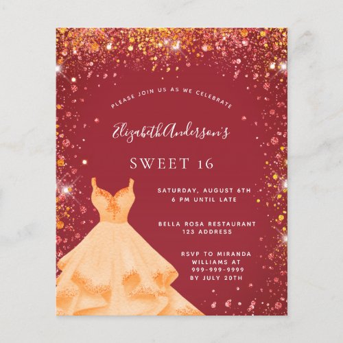 Sweet 16 red gold dress budget invitation flyer
