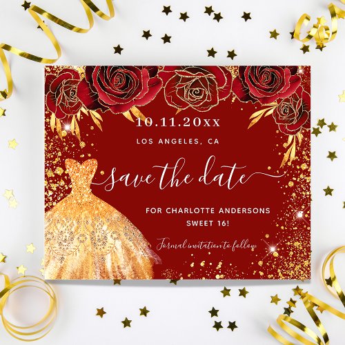 Sweet 16 red gold dress budget save the date flyer