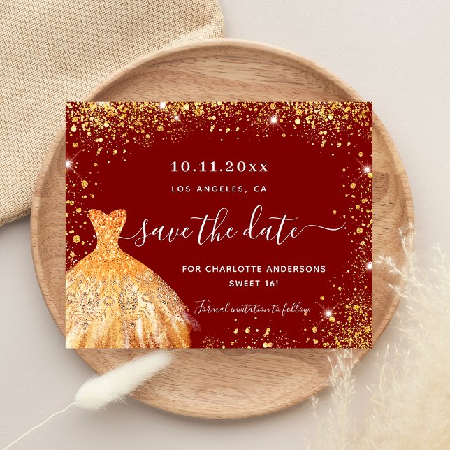 Sweet 16 red gold dress budget save the date flyer (Creator Uploaded)