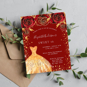 Sweet 16 red gold dress floral invitation