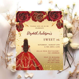 Sweet 16 red gold dress florals invitations