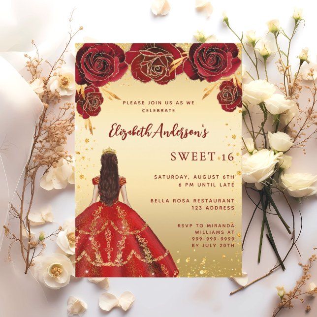 Sweet 16 red gold dress florals roses invitation (Creator Uploaded)