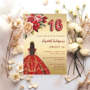 Sweet 16 red gold dress florals roses invitation