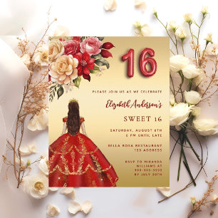 Sweet 16 red gold dress florals roses invitation