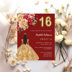 Sweet 16 red gold dress florals roses invitation