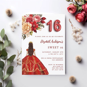 Sweet 16 red gold dress florals roses white invitation