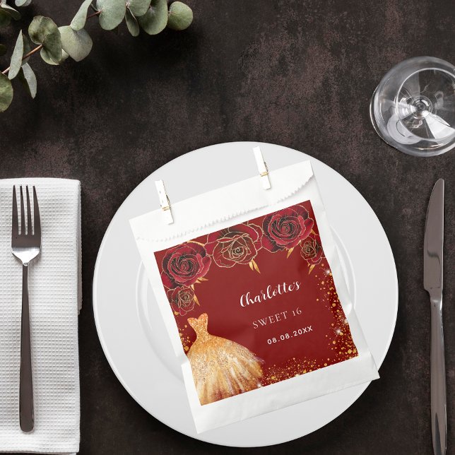 Sweet 16 red gold dress flowers favor bag (Creator Uploaded)